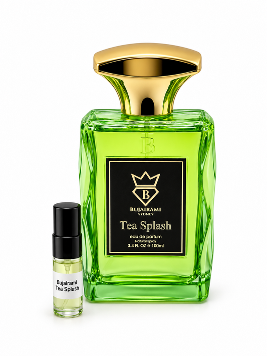 Bujairami Tea Splash fragrance bottle and black-capped sample vial on white