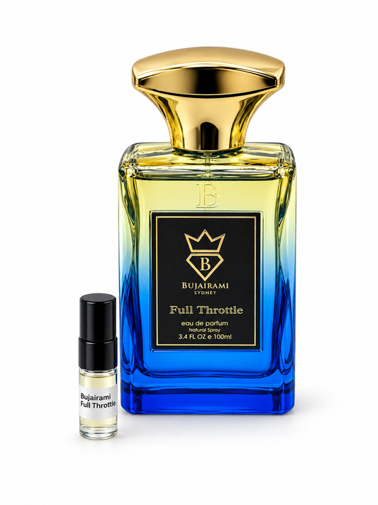 Bujairami Full Throttle fragrance bottle and black-capped sample vial on white