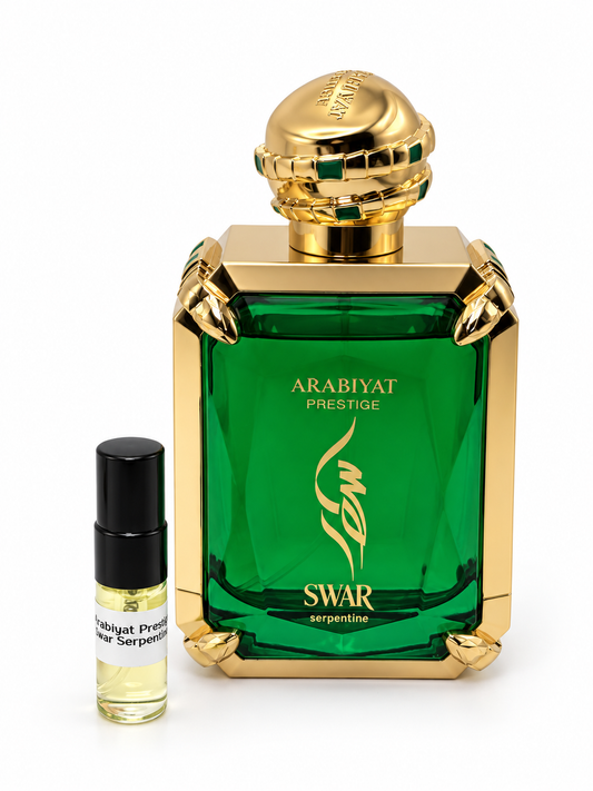 Arabiyat Prestige Swar Serpentine fragrance bottle and black-capped sample vial on white
