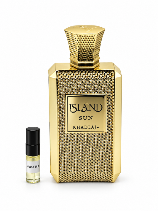 Khadlaj Island Sun fragrance bottle and black-capped sample vial on white