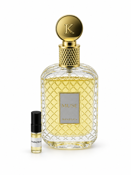 Khadlaj Muse fragrance bottle and black-capped sample vial on white