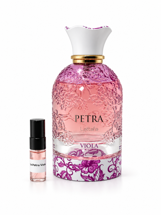 Lattafa Petra Viola fragrance bottle and black-capped sample vial on white