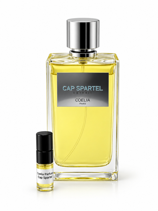 Cap Spartel Coelia Parfums fragrance bottle and black-capped sample vial on white