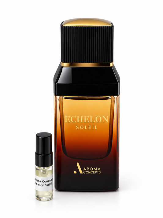 Aroma Concepts Echelon Soleil fragrance bottle and black-capped sample vial on white