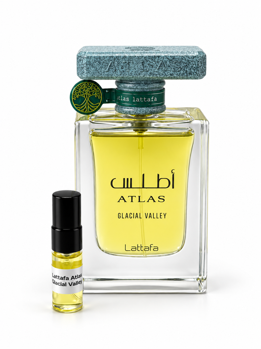 Lattafa Atlas Glacier Valley fragrance bottle and black-capped sample vial on white