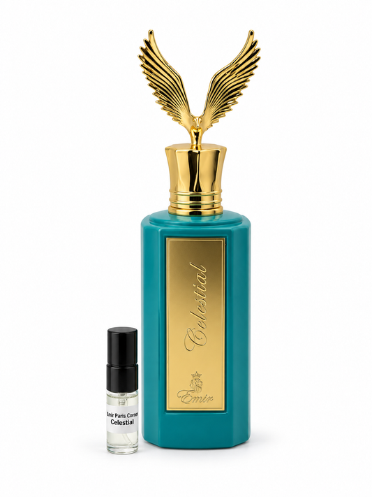 Paris Corner Emir Celestial fragrance bottle and black-capped sample vial on white