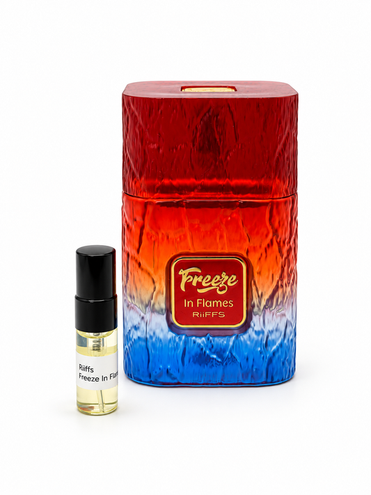 Riiffs Freeze In Flames fragrance bottle and black-capped sample vial on white
