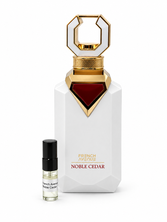 French Avenue Noble Cedar fragrance bottle and black-capped sample vial on white