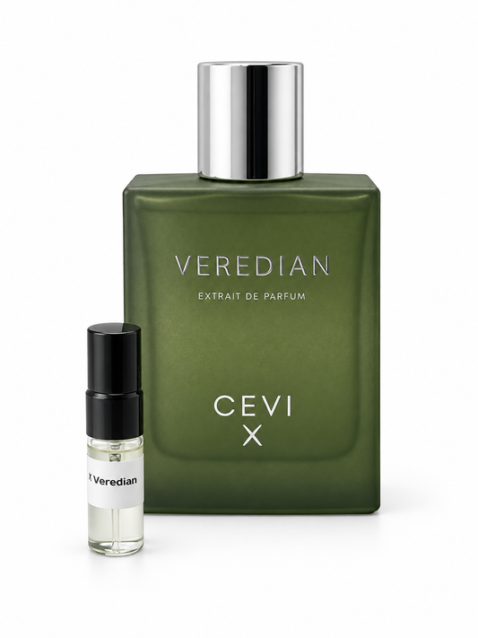 Cevi X Veredian fragrance bottle and black-capped sample vial on white