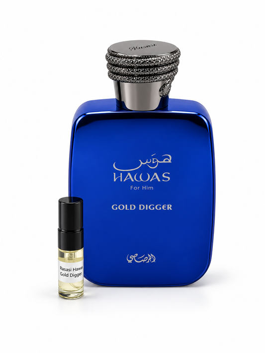 Rasasi Hawas Gold Digger fragrance bottle and black-capped sample vial on white