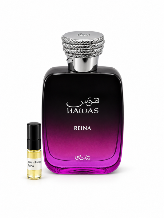 Rasasi Hawas Reina fragrance bottle and black-capped sample vial on white
