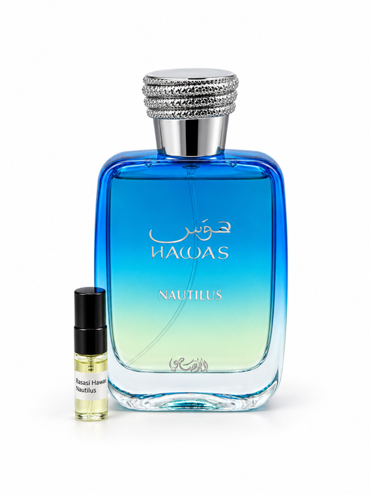 Rasasi Hawas Nautilus fragrance bottle and black-capped sample vial on white