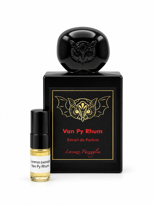 Lorenzo Pazzaglia Van Py Rhum fragrance bottle and black-capped sample vial on white