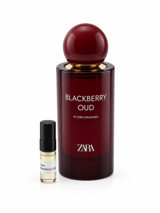 Zara Blackberry Oud fragrance bottle and black-capped sample vial on white