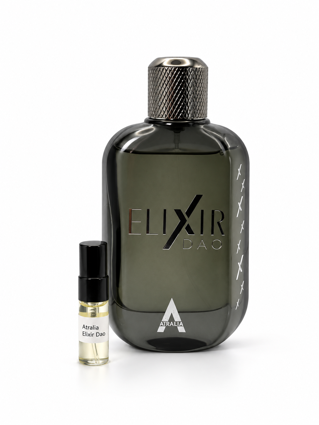 Atralia Elixir Dao fragrance bottle and black-capped sample vial on white