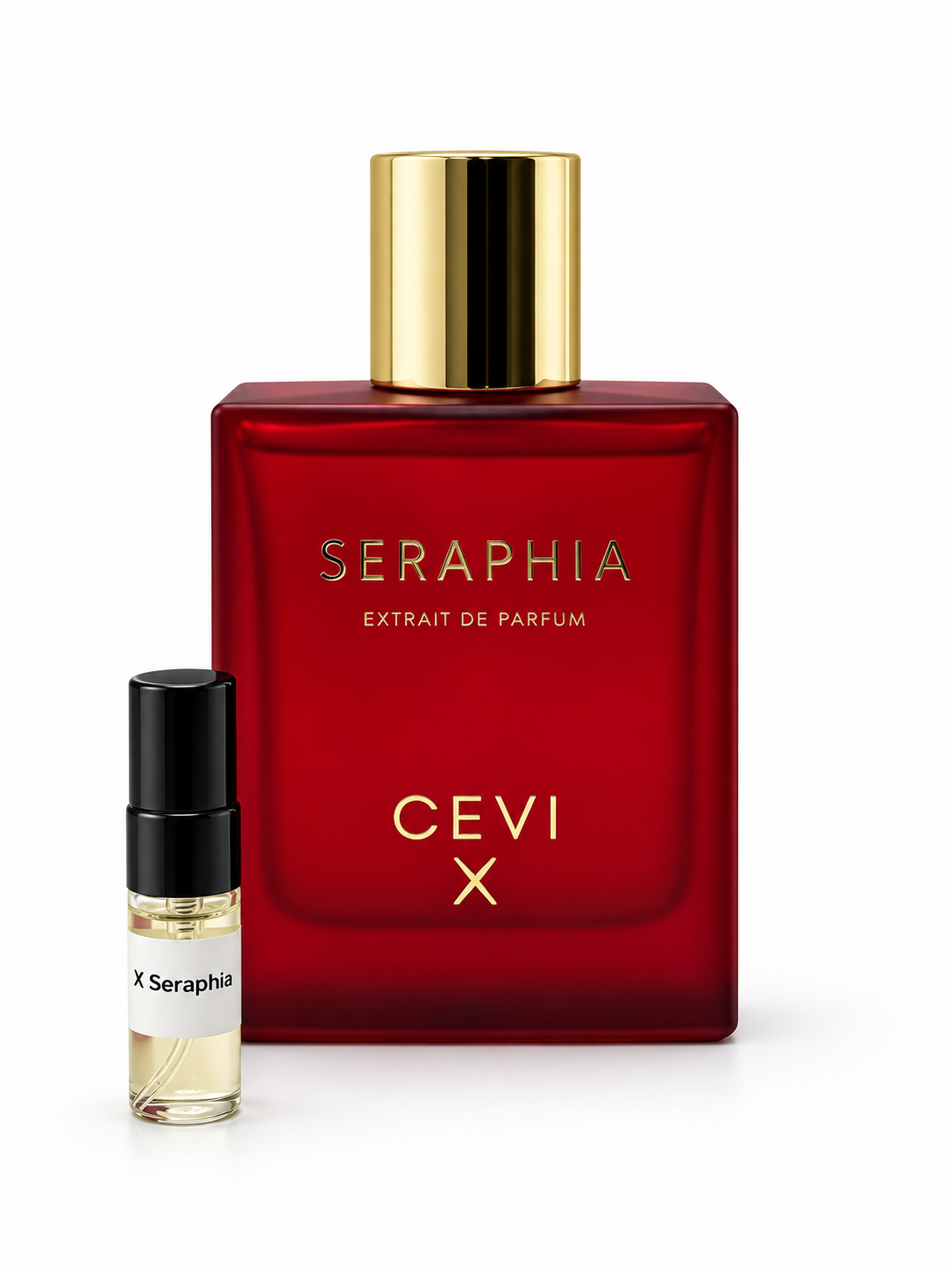 Cevi X Seraphia fragrance bottle and black-capped sample vial on white
