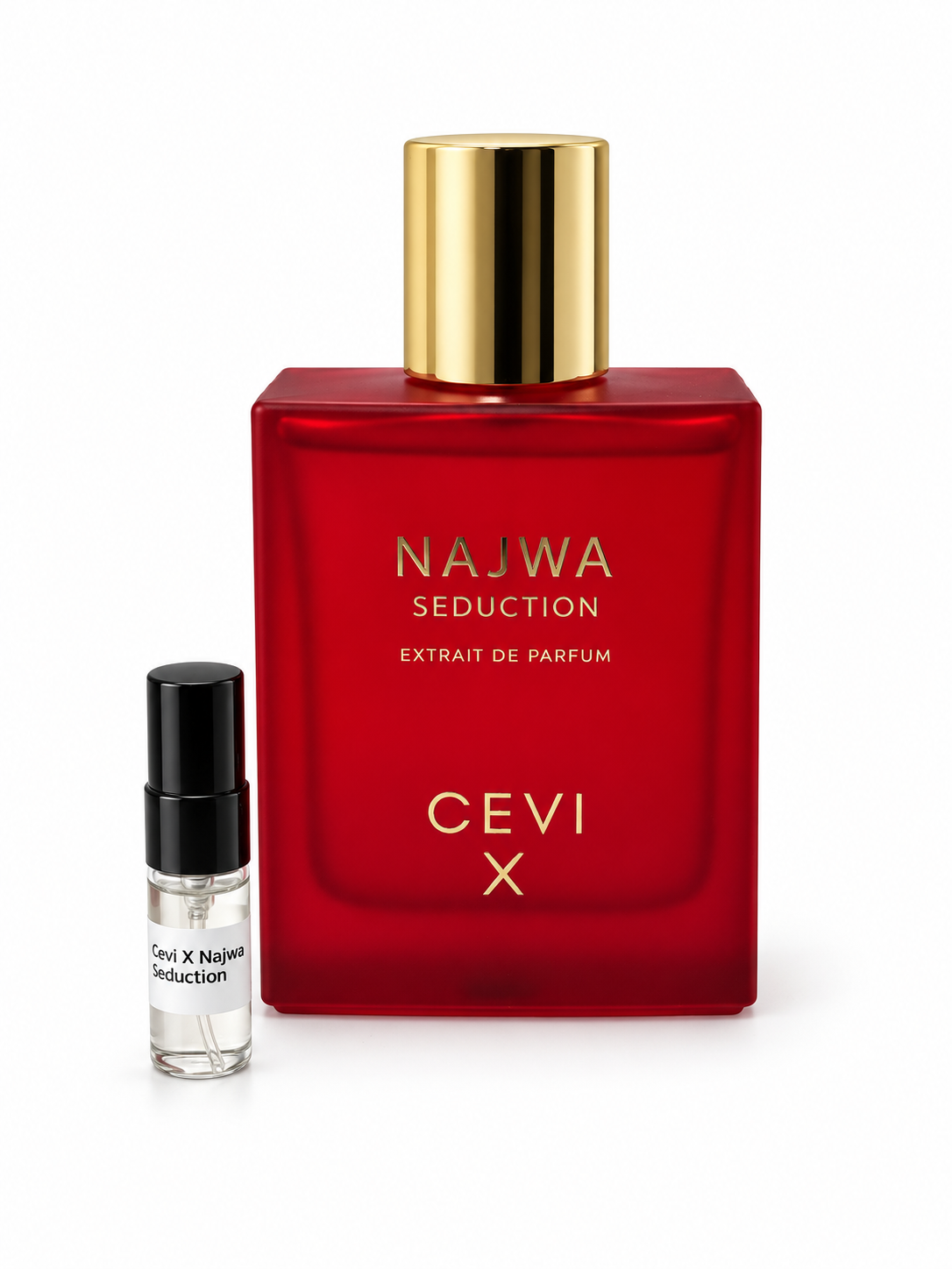 Cevi X Najwa Seduction fragrance bottle and black-capped sample vial on white