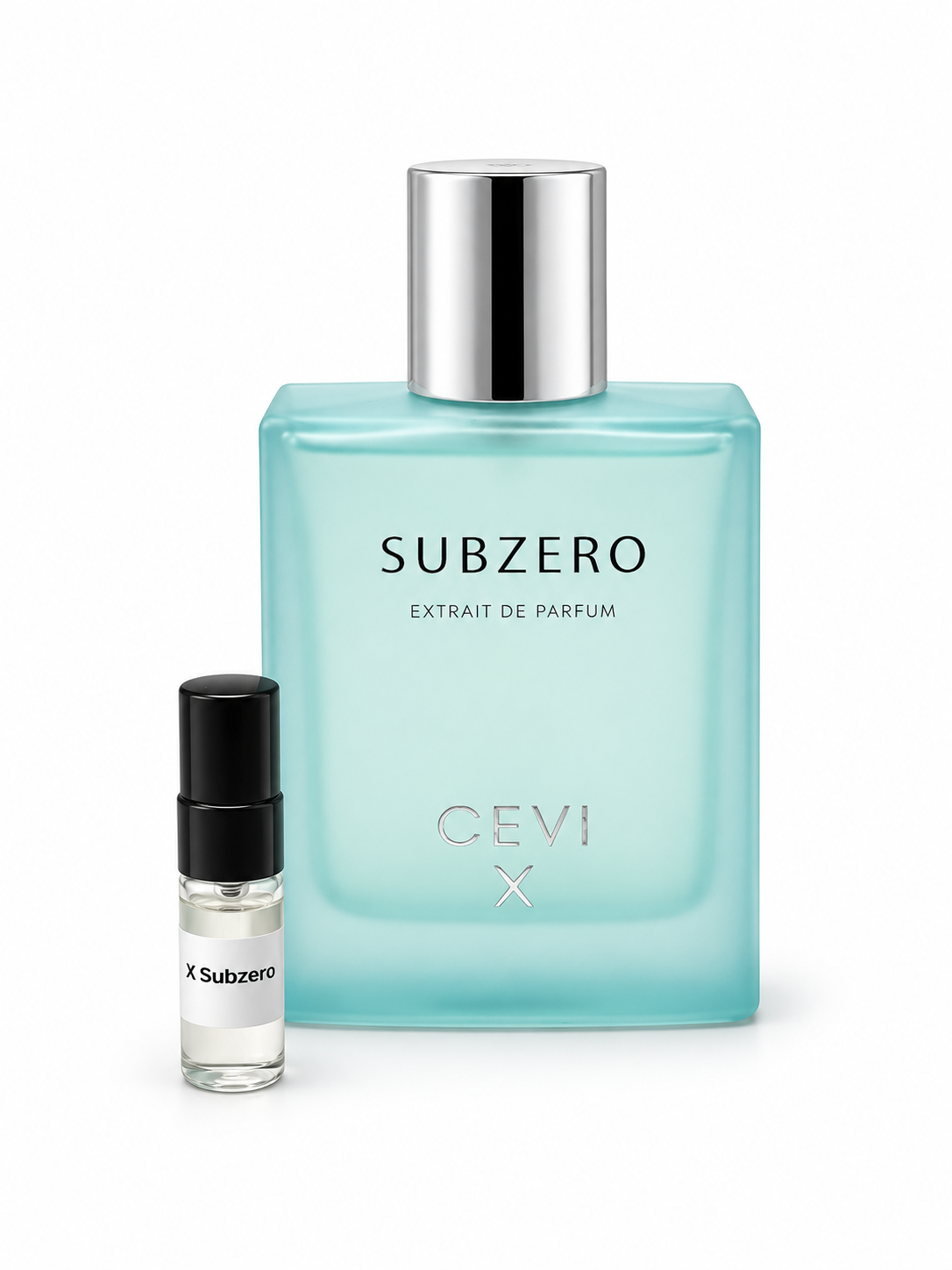Cevi X Sub Zero fragrance bottle and black-capped sample vial on white