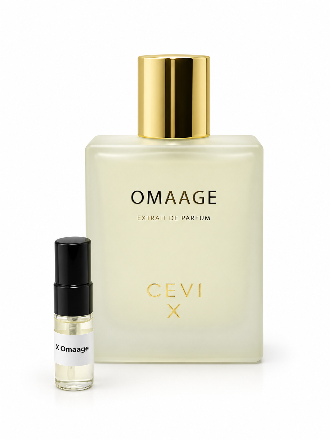 Cevi X Omaage fragrance bottle and black-capped sample vial on white