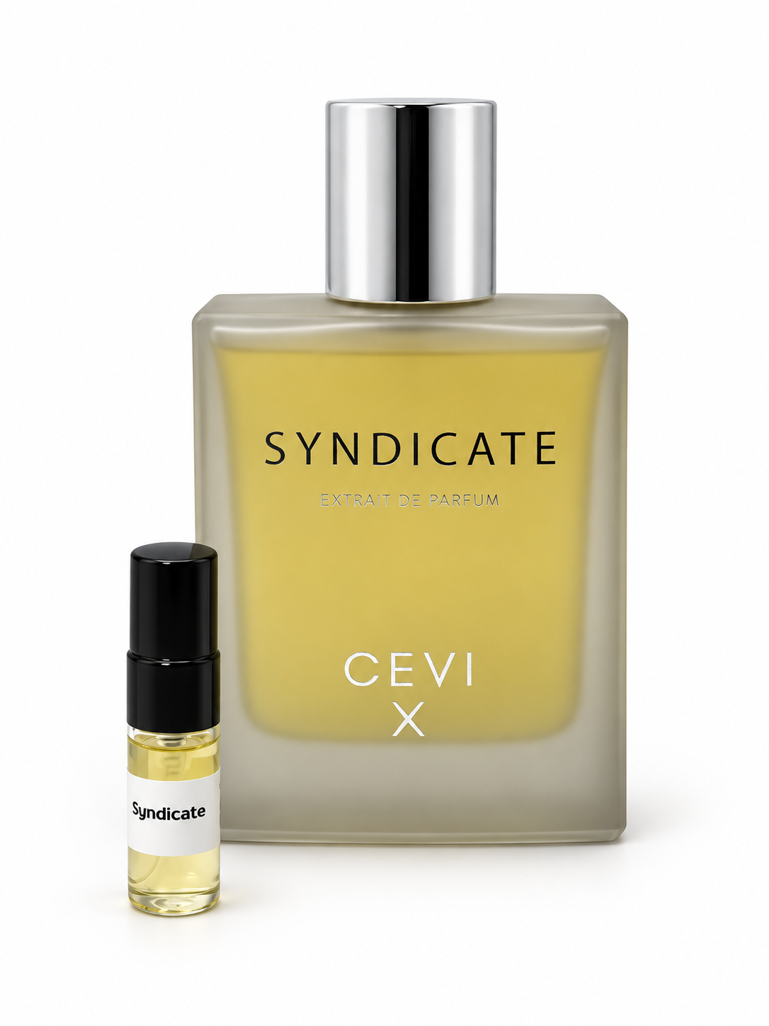Cevi X Syndicate fragrance bottle and black-capped sample vial on white