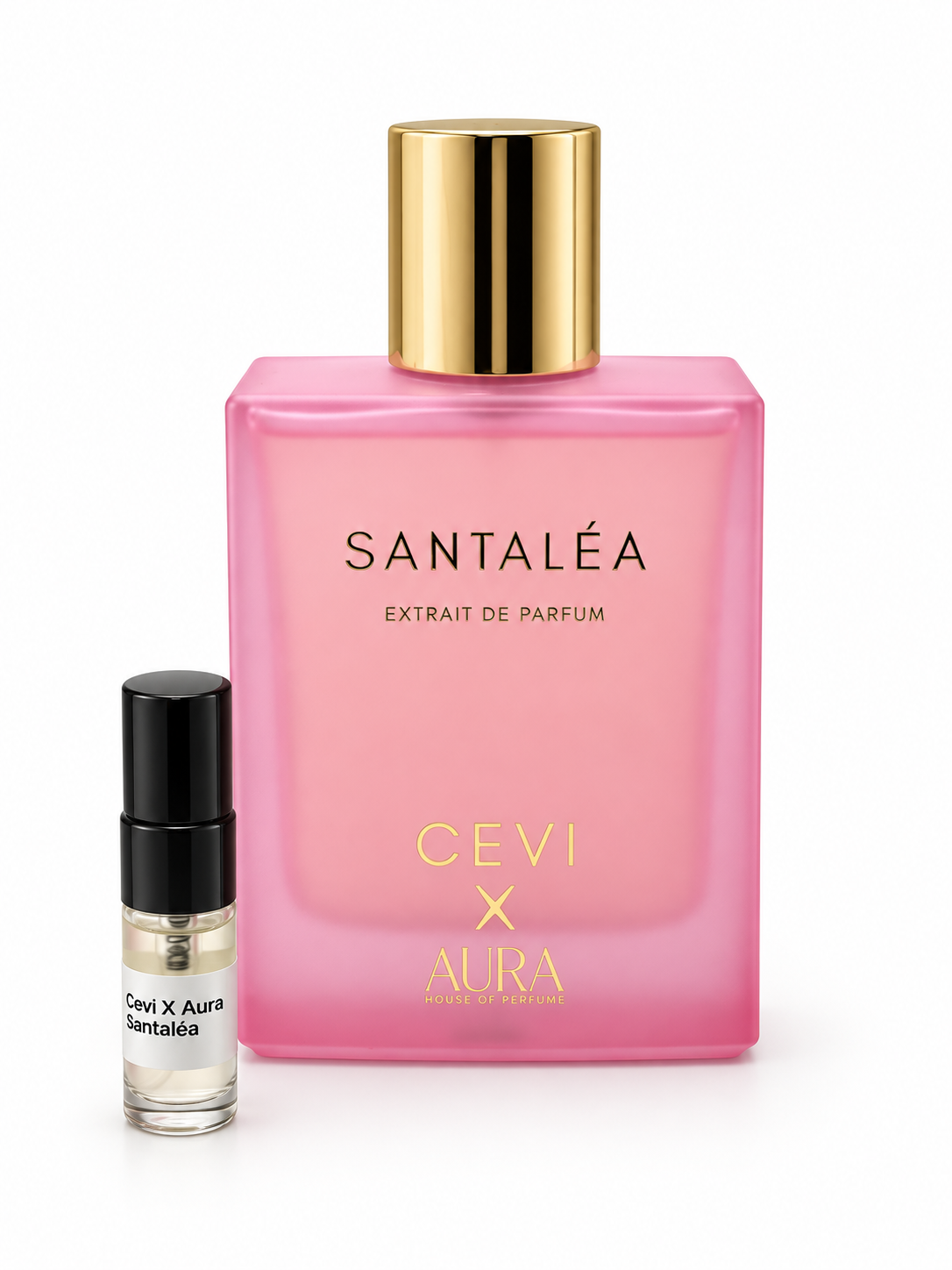 Cevi X Aura Santalea fragrance bottle and black-capped sample vial on white