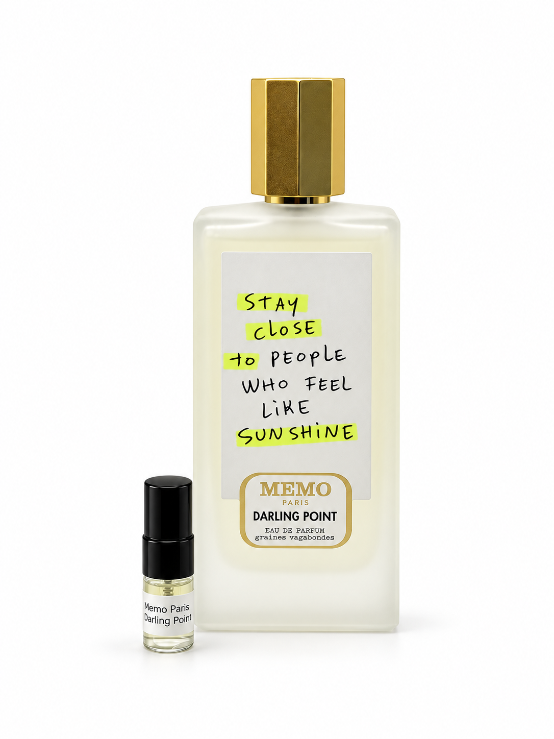 Memo Paris Darling Point fragrance bottle and black-capped sample vial on white