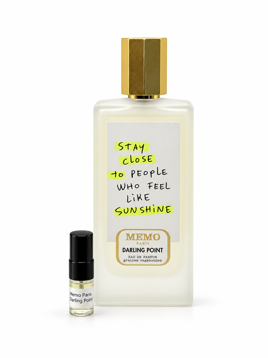 Memo Paris Darling Point fragrance bottle and black-capped sample vial on white
