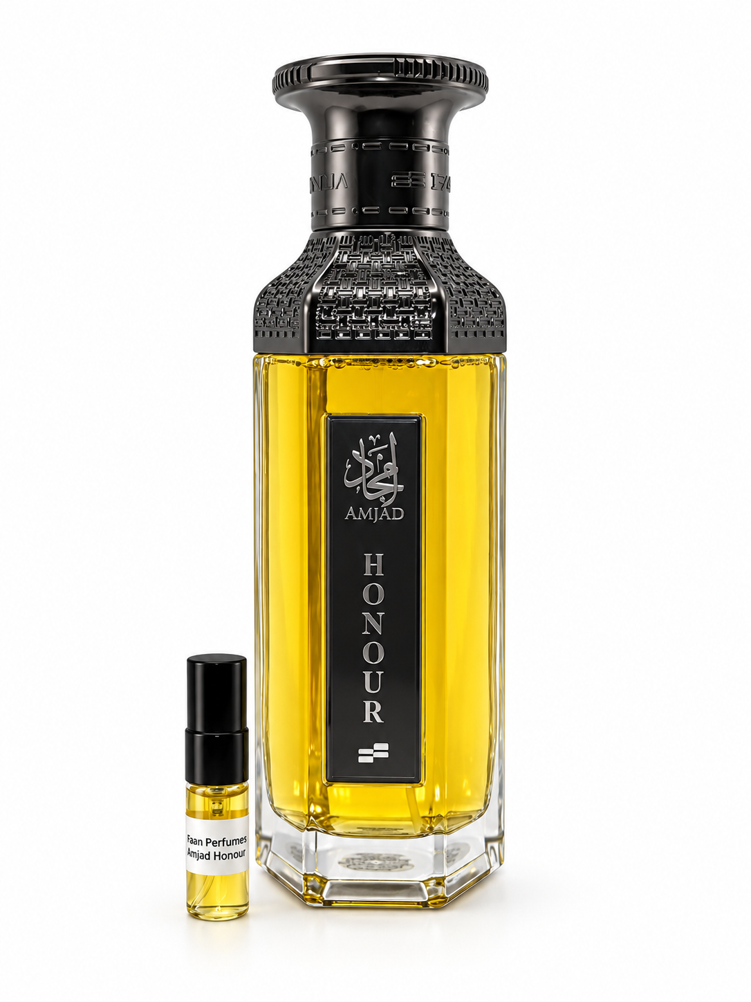 Faan Amjad Honour fragrance bottle and black-capped sample vial on white