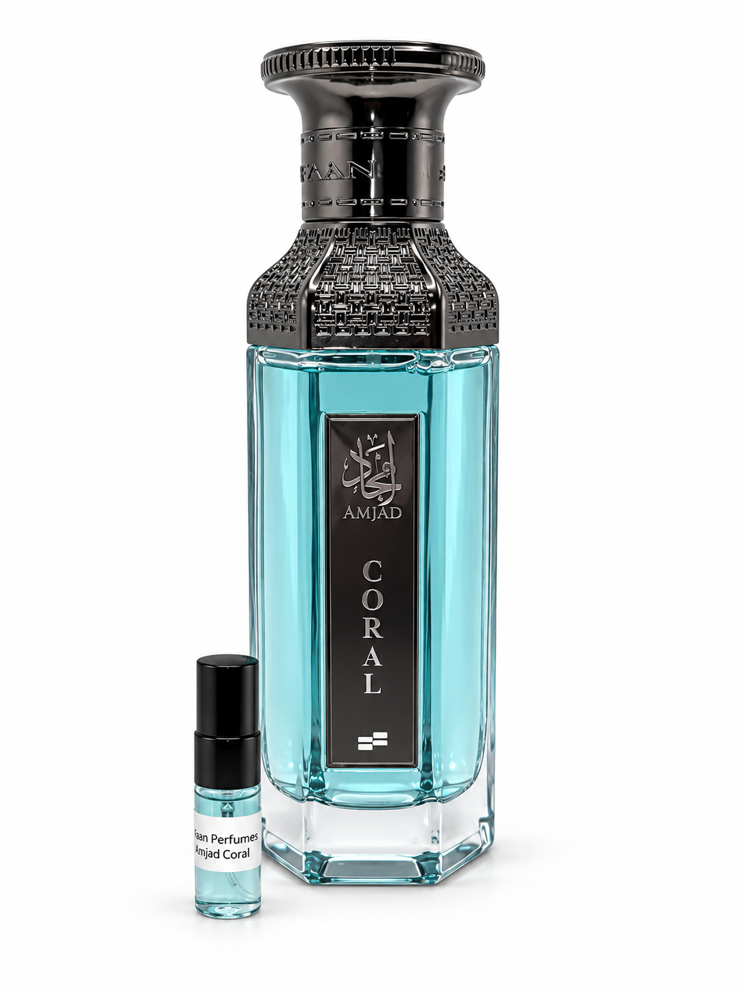 Faan Amjad Coral fragrance bottle and black-capped sample vial on white