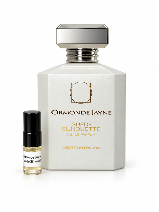Ormonde Jayne Suede Silhouette fragrance bottle and black-capped sample vial on white