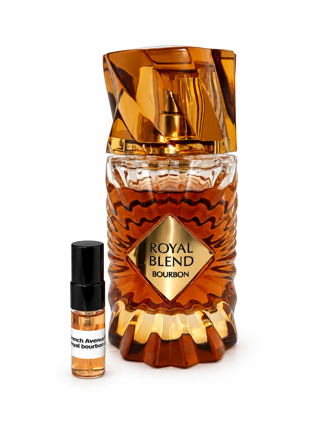 French Avenue Royal Blend Bourbon fragrance bottle and black-capped sample vial on white