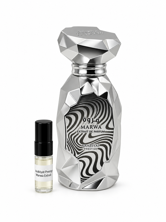 Arabiyat Prestige Marwa Extrait fragrance bottle and black-capped sample vial on white