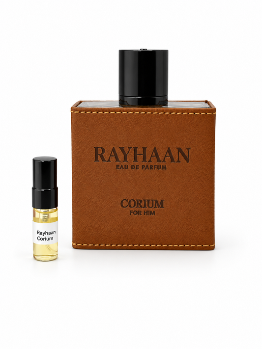 Rayhaan Corium fragrance bottle and black-capped sample vial on white