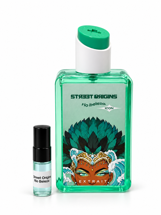 Street Origins Rio Beleza fragrance bottle and black-capped sample vial on white
