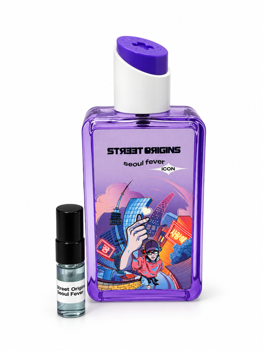 Street Origins Seoul Fever fragrance bottle and black-capped sample vial on white