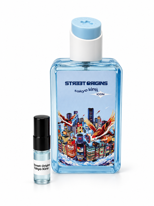 Street Origins Tokyo Kirei fragrance bottle and black-capped sample vial on white