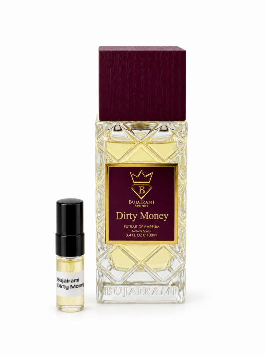 Bujairami Dirty Money fragrance bottle and black-capped sample vial on white