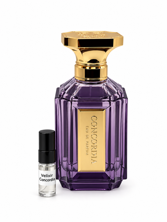 Velixir Concordia fragrance bottle and black-capped sample vial on white