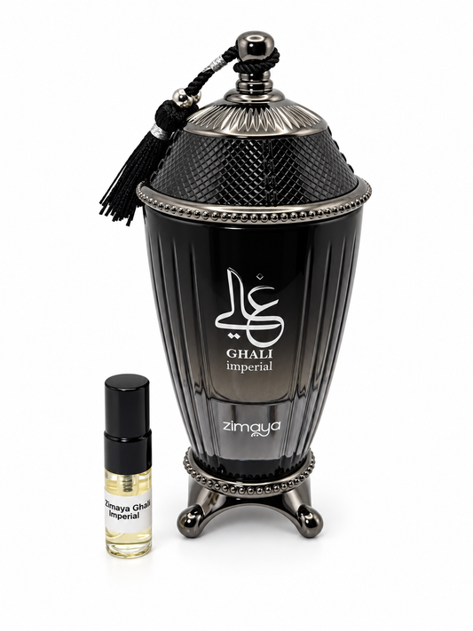 Zimaya Ghali Imperial fragrance bottle and black-capped sample vial on white