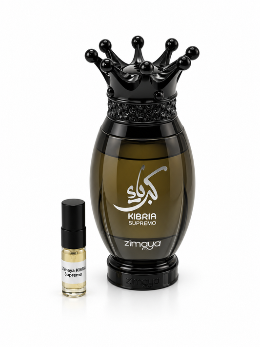 Zimaya Kibria Supremo fragrance bottle and black-capped sample vial on white