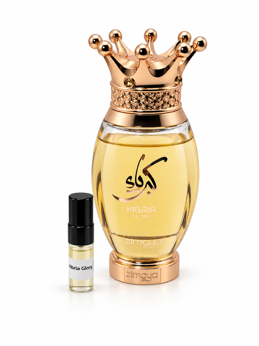 Zimaya Kibria Glory fragrance bottle and black-capped sample vial on white