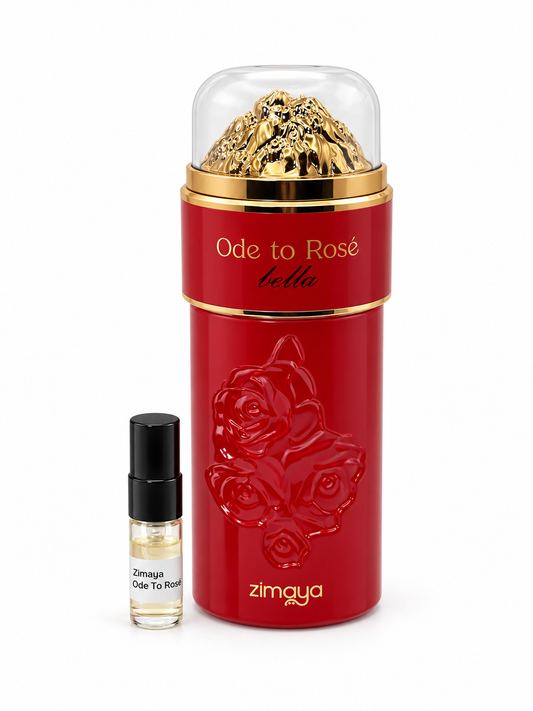 Zimaya Ode To Rose Bella fragrance bottle and black-capped sample vial on white