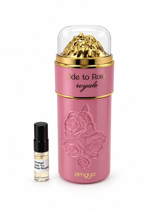 Zimaya Ode To Rose Royale fragrance bottle and black-capped sample vial on white