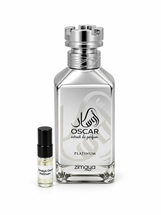 Zimaya Oscar Platinum fragrance bottle and black-capped sample vial on white