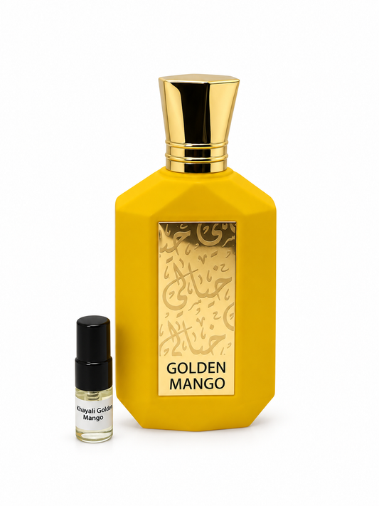 Khayali Golden Mango fragrance bottle and black-capped sample vial on white