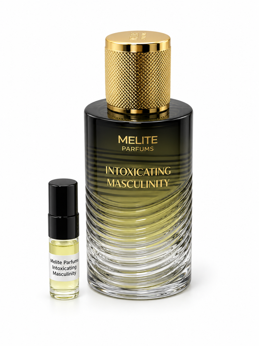 Melite Parfums Intoxicating Masculinity fragrance bottle and black-capped sample vial on white