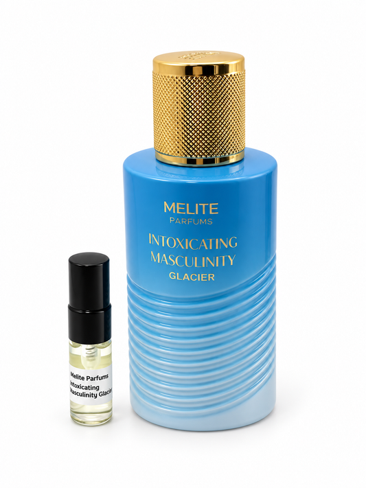 Melite Parfums Intoxicating Masculinity Glacier fragrance bottle and black-capped sample vial on white