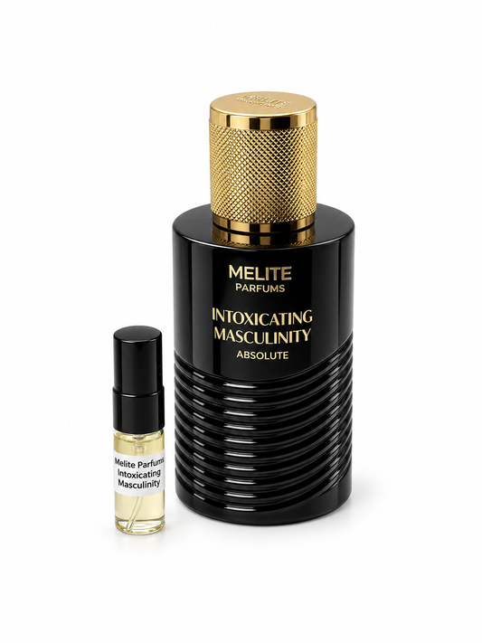 Melite Parfums Intoxicating Masculinity Absolute fragrance bottle and black-capped sample vial on white