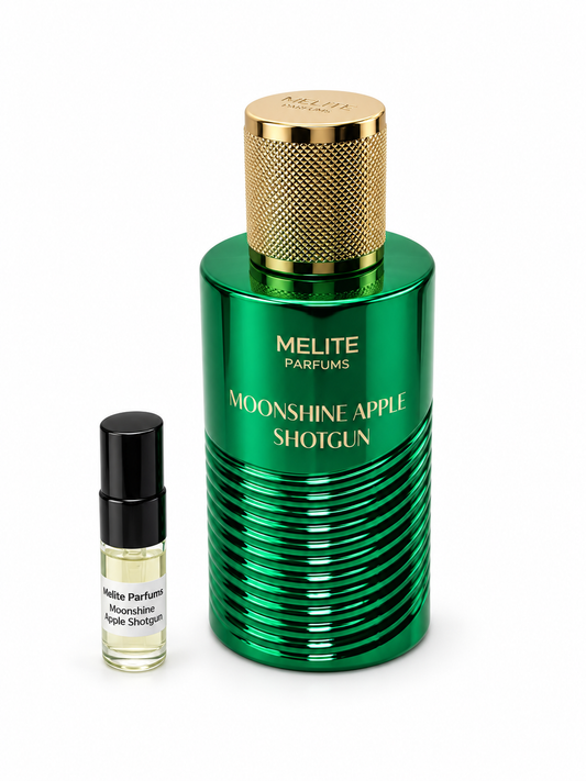 Melite Parfums Moonshine Apple Shotgun fragrance bottle and black-capped sample vial on white