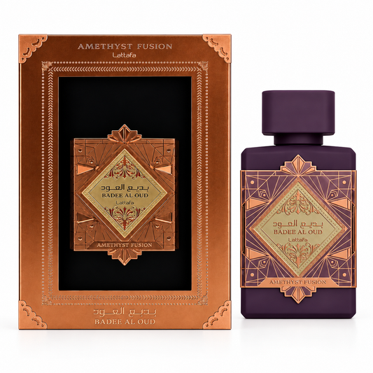 Lattafa Bade’e Al Oud Amethyst Fusion  Eau De Parfum  100ml bottle and box on a white background